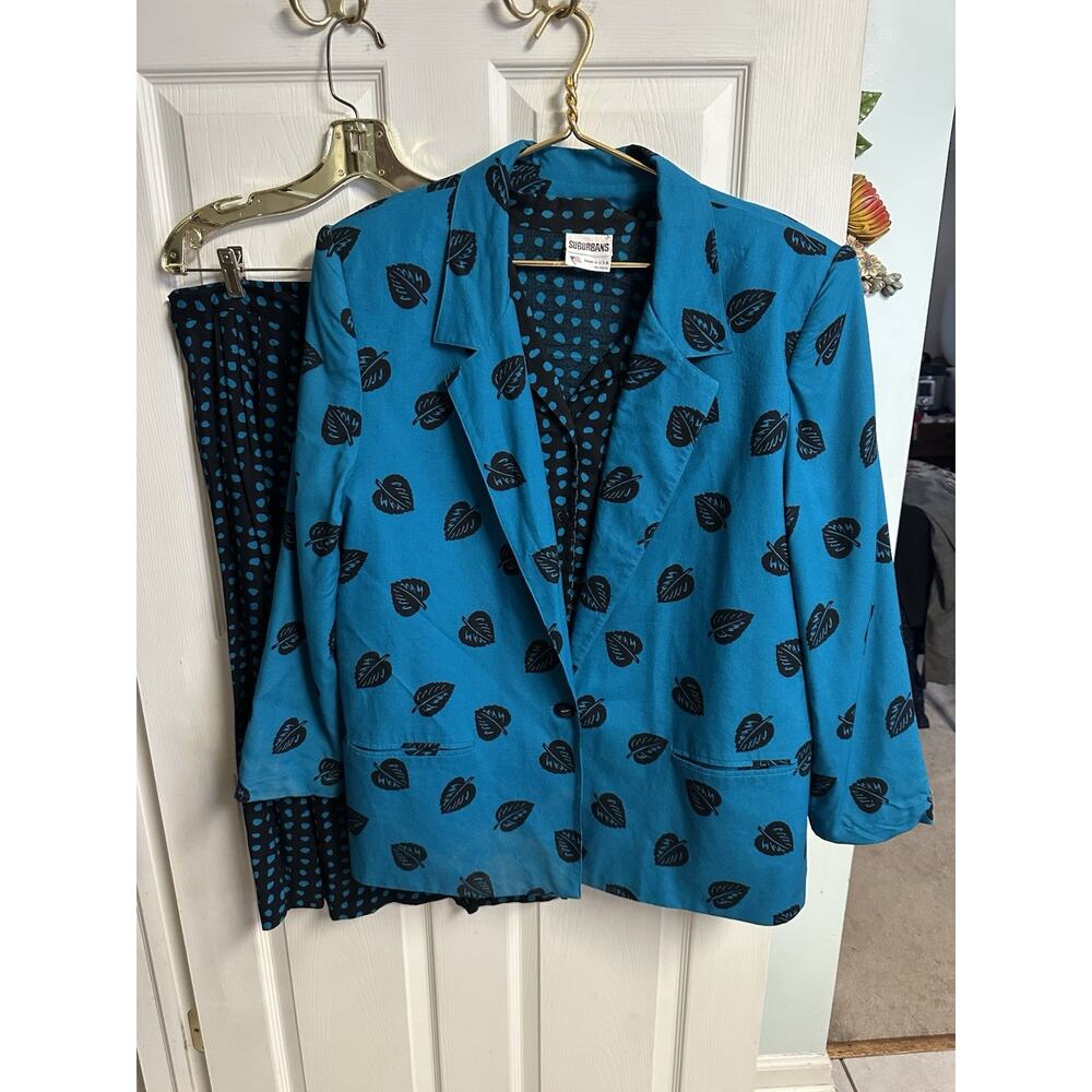 3pc VNT 70’s 80’s Skirt Suit Black Blue Teal Abstract Dots Leaves XL 18 Jacket